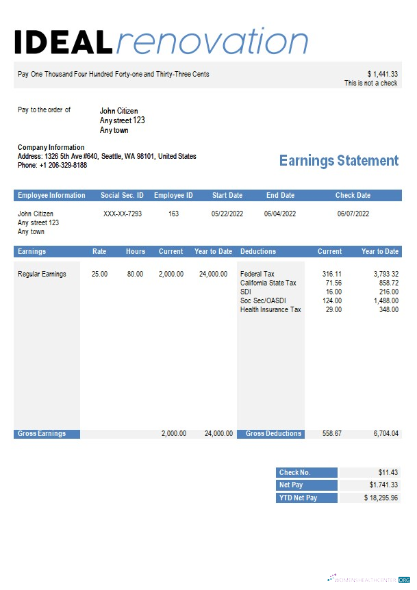 Download home renovation company paystub template in Word and PDF formats Photoshop template